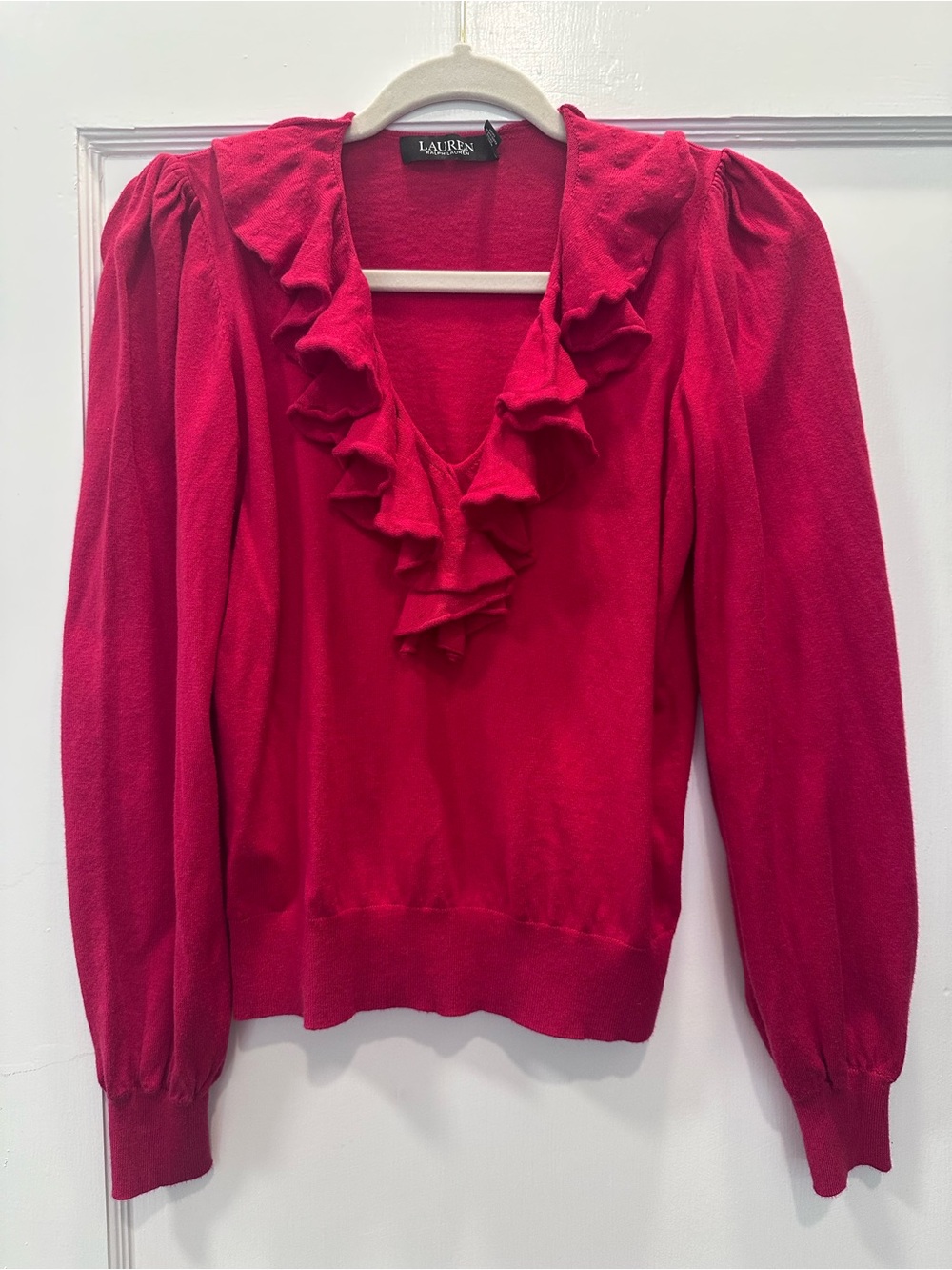 Ralph Lauren Red Ruffle V-Neck Puff Sleeve Sweater